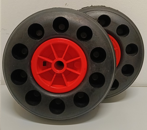 KIT DA 2 PZ RUOTA 260x85 mm GOMMA PIENA IMPERFORABILE DISCO PLASTICA MOZZO 75-88 FORO PASSANTE 20 COP. RIGATO P.180 kg