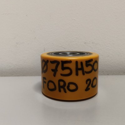 Rullo transpallet Ø 75H50 mm in poliuretano giallo nucleo acciaio mozzo sfere 65 foro 20 mm P.400 kg