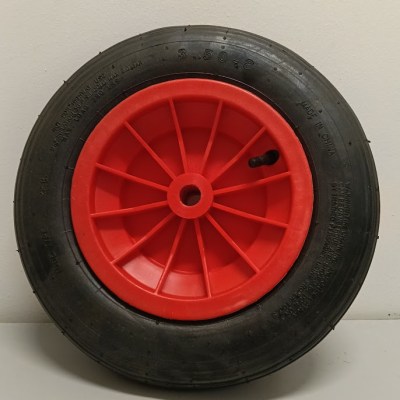 KIT RUOTA 360x85 mm (14"x3.50-8) PNEUS DISCO PLAS. MOZZO 75 FORO PASSANTE 20 mm COP. RIGATO P.140 kg