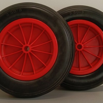 KIT DA 2 PZ RUOTA 360x85 mm (14"x3.50-8) SOFT DISCO PLAS. MOZZO 75 FORO PASSANTE 20 mm COP. RIGATO P.140 kg