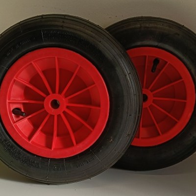 KIT DA 2 PZ RUOTA 360x85 mm (3.50-8") PNEUS DISCO PLASTICA FORO PASSANTE 20 COP. RIGATO PORTATA 150 kg
