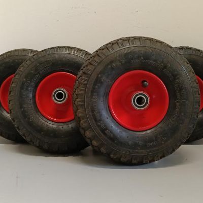 KIT DA 6 PZ RUOTA 260x85 mm (3.00-4") PNEUS DISCO METALLO MOZZO 95 CUSC. SFERA FORO 15 mm COP. SCOLPITO P.130 kg