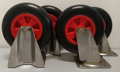 KIT DA 4 PZ RUOTE Ø 200x50 mm N.2 SGP+N.2 SF RUOTA SOFT DISCO PLASTICA MOZZO RULLI COP.RIGATO P 80 kg