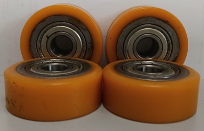 KIT DA 4 PZ Rullo transpallet Ø  78H30 mm poliuretano giallo nucleo acciaio mozzo 30 cusc. sfere foro 20 mm Portata 300 kg