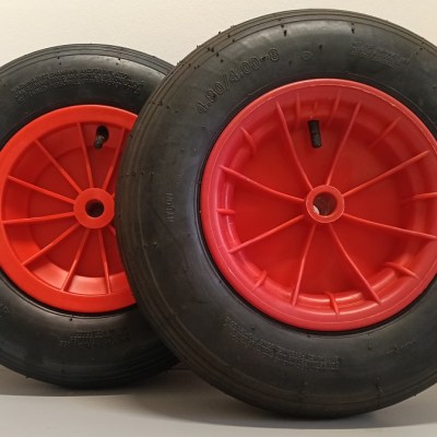 KIT DA 2 PZ RUOTA PNEUS 400x100 mm (4.80/4.00-8") DISCO PLAS. MOZZO 75 FORO PASSANTE 20 mm COP. RIGATO 2 PR PORTATA 150 kg