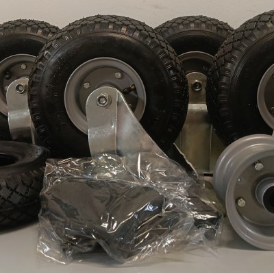 KIT 4 PZ RUOTA 260x85 mm (3.00-4") PNEUS DISCO FERRO 2 SUPP.FISSO+2 SUPP.GIREVOLE PESANTE